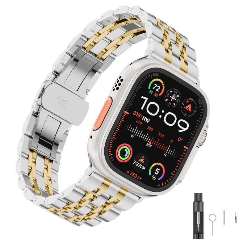 HUANLONG Solid Stainless Steel Band Compatible with Apple Watch 49mm 46mm 45mm 44mm 42mm 41mm 40mm 38mm, Metal Strap for iWatch Series Ultra/Ultra2/10/9/8/7/6/5/4/3/2/1 SE Women and Men (LS 38mm/40mm/41mm Silver/Gold) - Image 1
